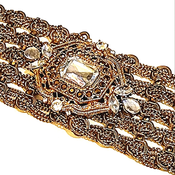 Antique Gold Multi Chain and Faceted Crystal Bracelet - Vintage - Picture 1 of 2